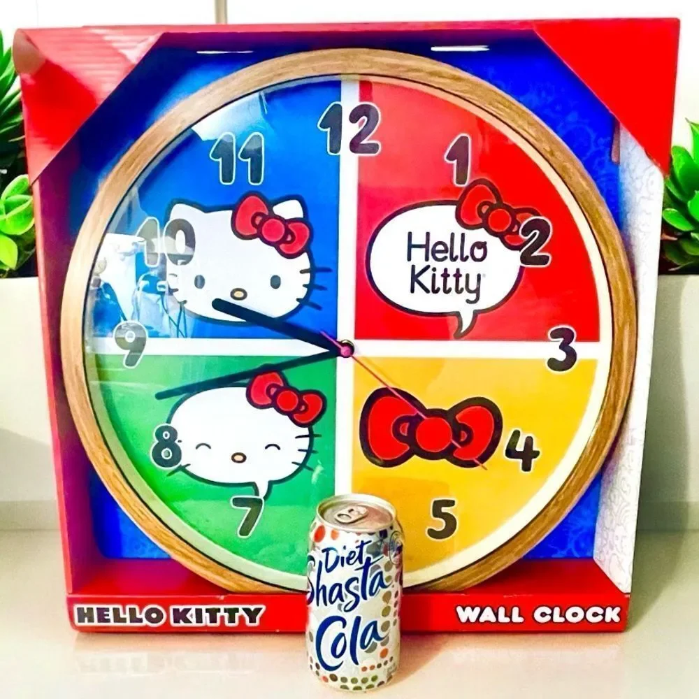 NWT Gorgeous Huge Sanrio 16”D Red Blue Yellow Green Hello Kitty Wood Wall Clock